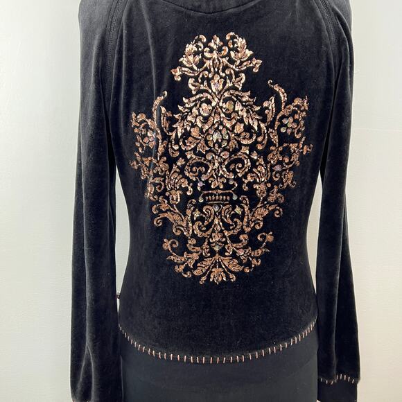 90s Y2K Twisted Heart Black Velour Zip Rose Gold Embellished Jacket Sweater M - Picture 5 of 7